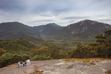 Fototapeta na wymiar Looking out from the summit of Mount Bishop across the landscape around Tidal River in Wilsons Promontory national park, Victoria, Australia