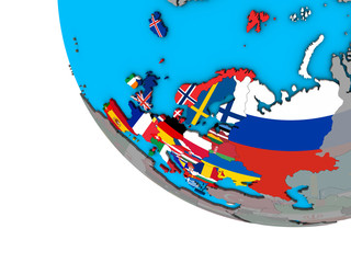 Europe with embedded national flags on simple 3D globe.