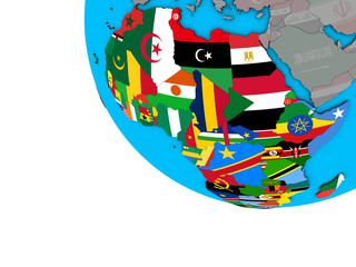 Africa with embedded national flags on simple 3D globe.