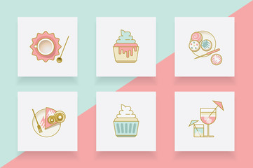 Line icons collection of coffee cup, cupcakes, cakes with icing and cocktail drinks