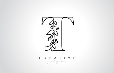 T Letter Logo With Organic Monogram Plant Leafs Detail and Circle Design