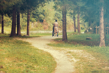 Fototapeta premium woman with person in wheelchair, jobs in services to individuals (the location is a natural park and the photo has a lot of space for text)