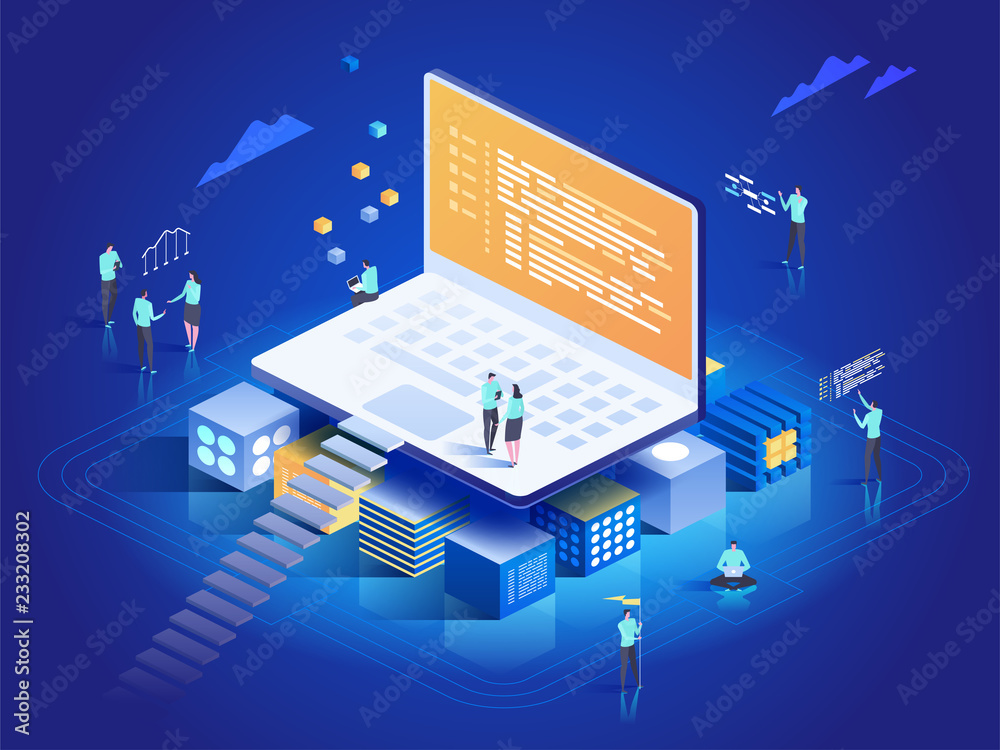 Wall mural software, web development, programming concept. people interacting with laptop