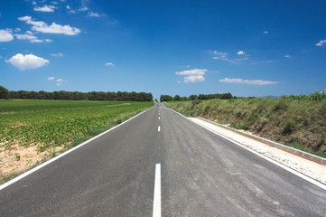 View from the center of a road, with a nice blue sky and green fields
