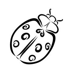 Cute ladybug with heart and spirals, black outline