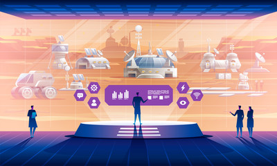 Obraz premium Mars colonization. Interior of the space base with view on mars settlement.