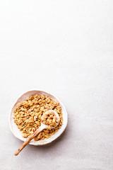 Granola Cereal bar on Background Breakfast  Healthy Food sweet dessert snack. Diet Nutrition Concept.Vegetarian food. Flat Lay.Top View. Copy space