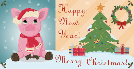 layout cards for Christmas and new year theme in the style of flat childrens design childrens Doodle symbol of the year pig