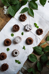 Mini bundt cocoa cakes on table