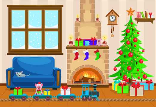 Vector illustration of Christmas living room with Christmas tree, gifts, sofa, table with treats, snow-covered window, fireplace and a toy railway with a locomotive.