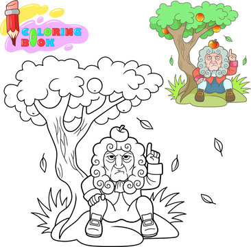 coloring book, cartoon newton sitting under a tree with an apple on his head