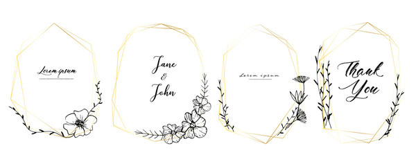 Set of geometric frame, Hand drawn flowers, Botanical composition, Decorative element for wedding card, Invitations Vector illustration.
