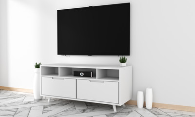 Smart Tv Mockup with blank black screen hanging on the cabinet decor, modern living room zen style. 3d Rendering