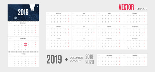 Wall Monthly Calendar 2019 year. Vector colorful template