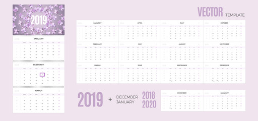 Wall Monthly Calendar 2019 year. Vector colorful template