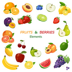 Mix of fruits and berries colorful icons set