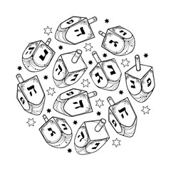 Vector set with outline Hanukkah or Hanuka dreidel or sevivon with Hebrew alphabet in black isolated on white background. Ornate contour Chanukah dreidel for Jewish holiday design or coloring book.