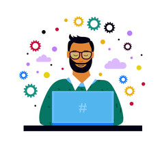 Programmer or project manager or student with laptop is studying or thinking about project. Flat style design. Vector illustration.