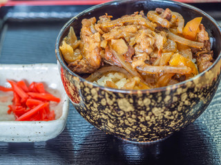 Closeup of Gyudon, Japanese beef bowl with rice.