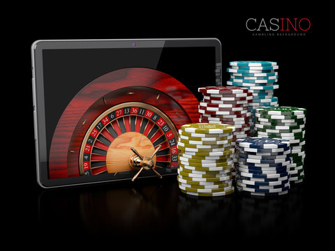 3d Illustration of Casino background with tablet, roulette and chips.