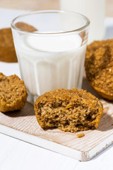 homemade oatmeal pumpkin muffins and a glass of milk, closeup