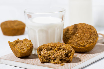 homemade oatmeal pumpkin muffins and a glass of milk