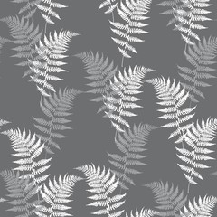 Realistic fern seamless pattern illustration. Detailed bracken fern, tropical forest, grass herbs growing background. Grey background.