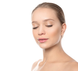 Fototapeta premium Portrait of beautiful young woman on white background. Lips contouring, skin care and cosmetic surgery concept
