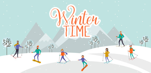 Merry Christmas and Happy New Year template with people snowboarding and skiing, winter scene. Editable Vector Illustration
