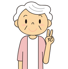 シニア　女性　ピースをするおばあちゃん　二頭身