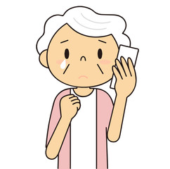 二頭身　シニア　女性　泣きながら電話をするおばあちゃん