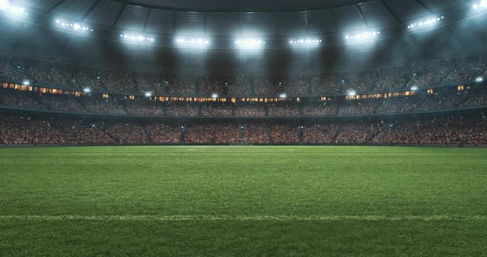 4k footage of a soccer stadium at night. The stadium was made in 3d without using existing references. 