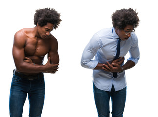 Collage of african american shirtless and business man over isolated background with hand on stomach because nausea, painful disease feeling unwell. Ache concept.