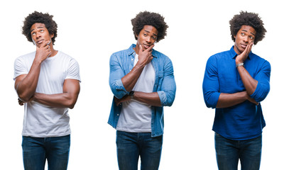 Collage of african american young shirtless man and business man over isolated background thinking looking tired and bored with depression problems with crossed arms.