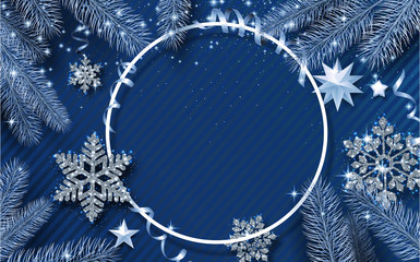 Blue Christmas and New Year shiny poster with snowflakes and fir branches. - 233219926