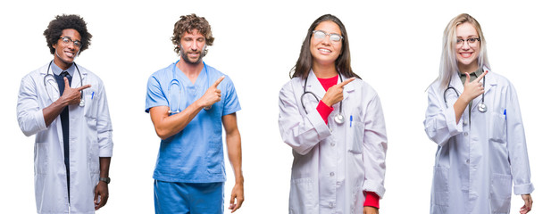Collage of group of doctor, nurse, surgeon people over isolated background cheerful with a smile of face pointing with hand and finger up to the side with happy and natural expression on face