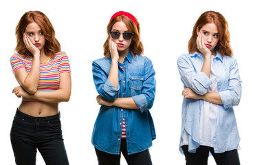 Fototapeta premium Collage of young beautiful redhead woman over isolated background thinking looking tired and bored with depression problems with crossed arms.