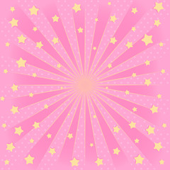 Pink background with sunbeams, flying star in air. Romantic elegante picture for invitation card ( birthday invitation, party, discount) Cute banner for LOL surprise, blank space in center for text