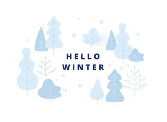 Hello winter concept illustration, winter park elements, trees, bushes in snowy weather. Banner, poster in flat design.