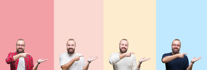 Collage of young man with beard over colorful stripes isolated background amazed and smiling to the camera while presenting with hand and pointing with finger.