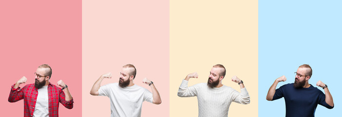 Collage of young man with beard over colorful stripes isolated background showing arms muscles smiling proud. Fitness concept.
