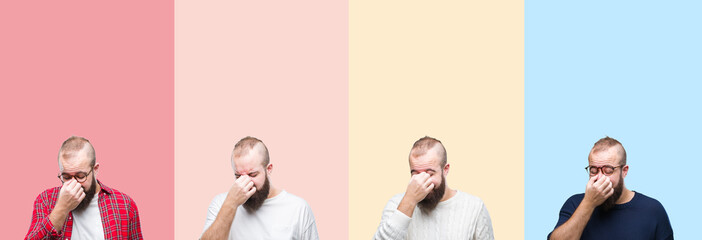 Collage of young man with beard over colorful stripes isolated background tired rubbing nose and eyes feeling fatigue and headache. Stress and frustration concept.