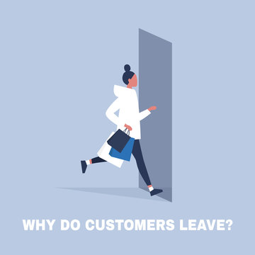 Why do clients leave. Consumer behavior. Marketing. Young female character running away from the store. Business concept. Flat editable vector illustration, clip art