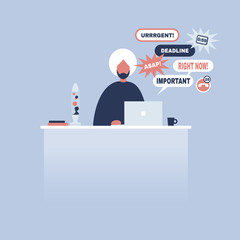 Young indian manager receiving a bunch of notifications on the laptop messenger. Troubleshooting. Deadlines and urgent tasks. Business situation. Flat editable vector illustration, clip art