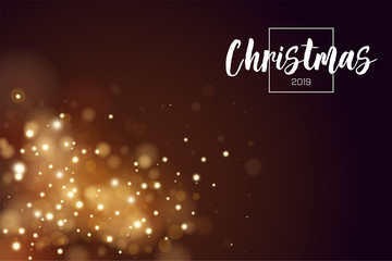 Christmas background 2019 with golden magic bokeh sparkle glitter lights. Christmas card. Abstract defocused circular New Year background design. Elegant, shiny, metallic gold background. EPS 10.