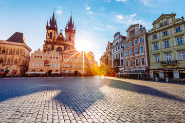 Fantastic scene of the Tyn Church (Tynsky chram) in sunlight.