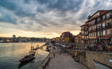 Sunset panoramic view of Porto waterfront, Portugal