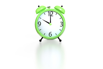 Green alarm clock on white background. 3D rendering
