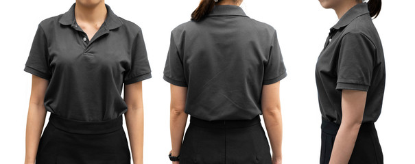 isolated gray polo shirt template on woman body for design concept