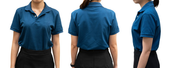 isolated blue polo shirt template on woman body for design concept